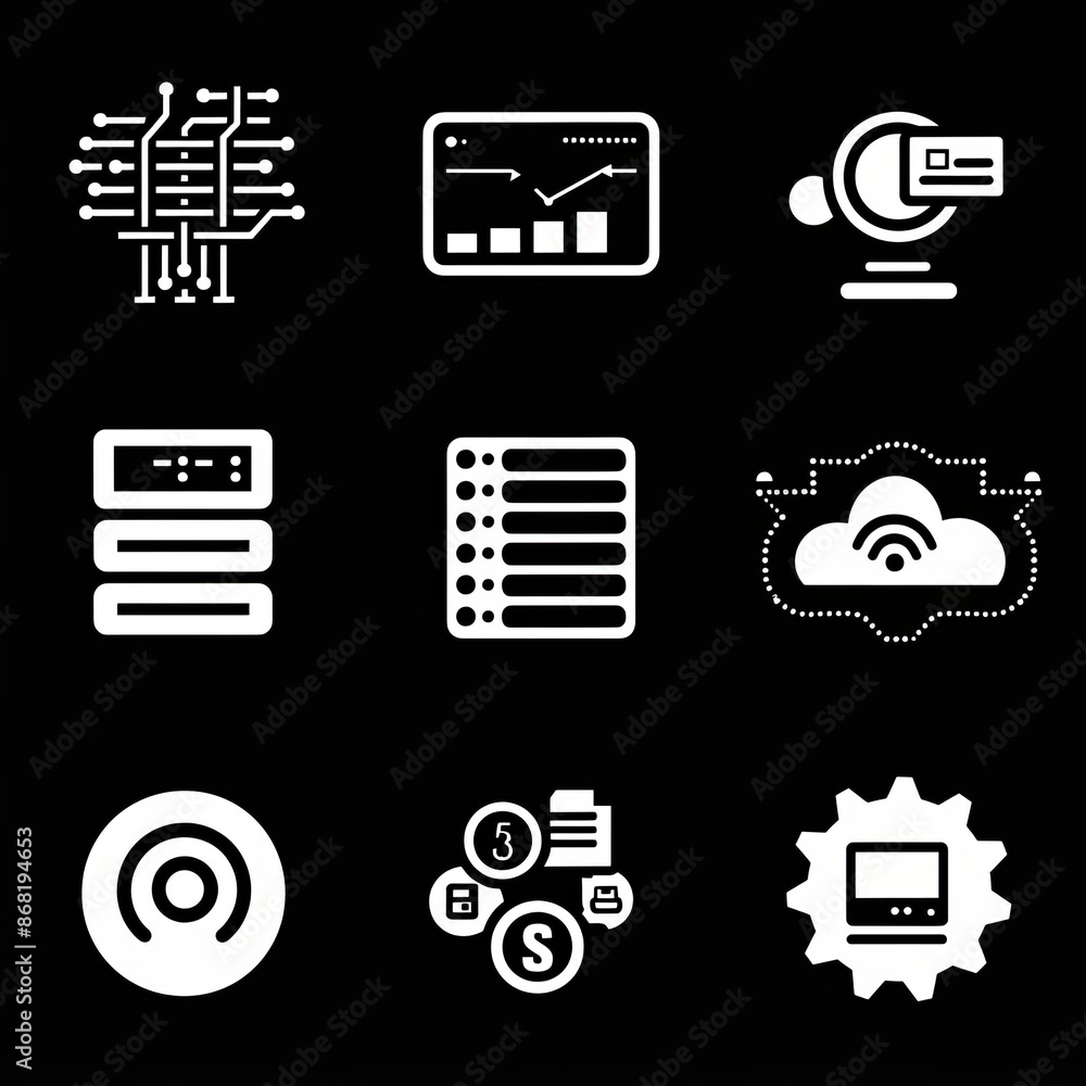 Icon set for data analytics featuring symbols for big data analysis technology. Includes icons for database, statistics, analytics, server, monitoring, computing, and network. Icon set for data analytics featuring symbols for big data analysis technology. Includes icons for database, statistics, analytics, server, monitoring, computing, and network.