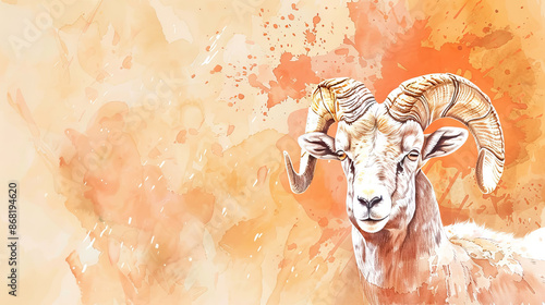 watercolor hand drawn painting bighorn sheep against yellow orange background with copy space for Eid Adha Greeting card.