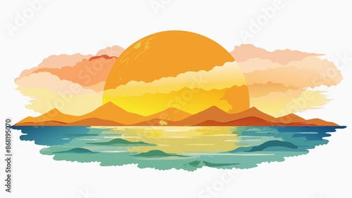 isolated, watercolor, art collection, delicate watercolor painting of sunrise scene, isolated on clean white background, waiting to be part of valuable art collection.