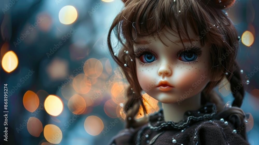 A portrait of a cute kid doll with background of twinkling bokeh lights A portrait of a cute kid doll with background of twinkling bokeh lights