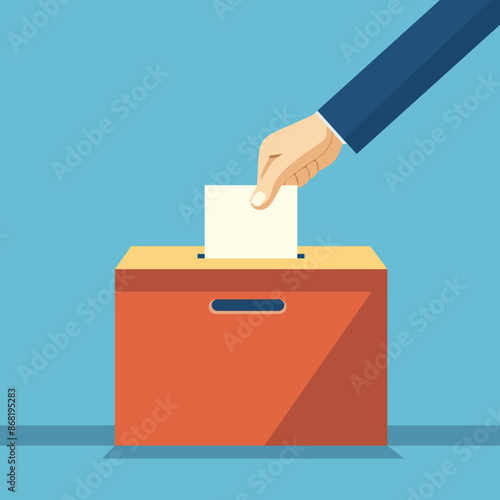 Vote box with hand putting sheet of paper into the vote box. Illustration is dedicated to the elections in the flat style