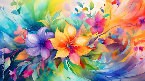 Fototapeta Naklejka Na Ścianę i Meble -  Abstract watercolor painting of colorful flowers and leaves. Vibrant and colorful floral artwork with a painterly style. Concept of nature, beauty, and art.