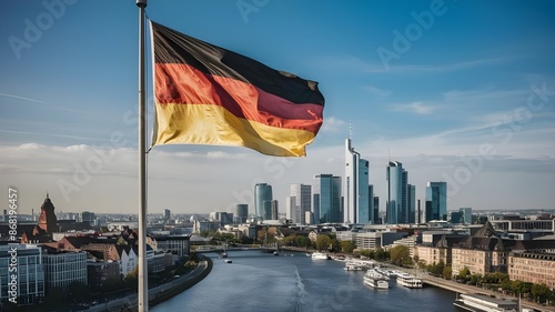 Germany flag flying high over city skyline