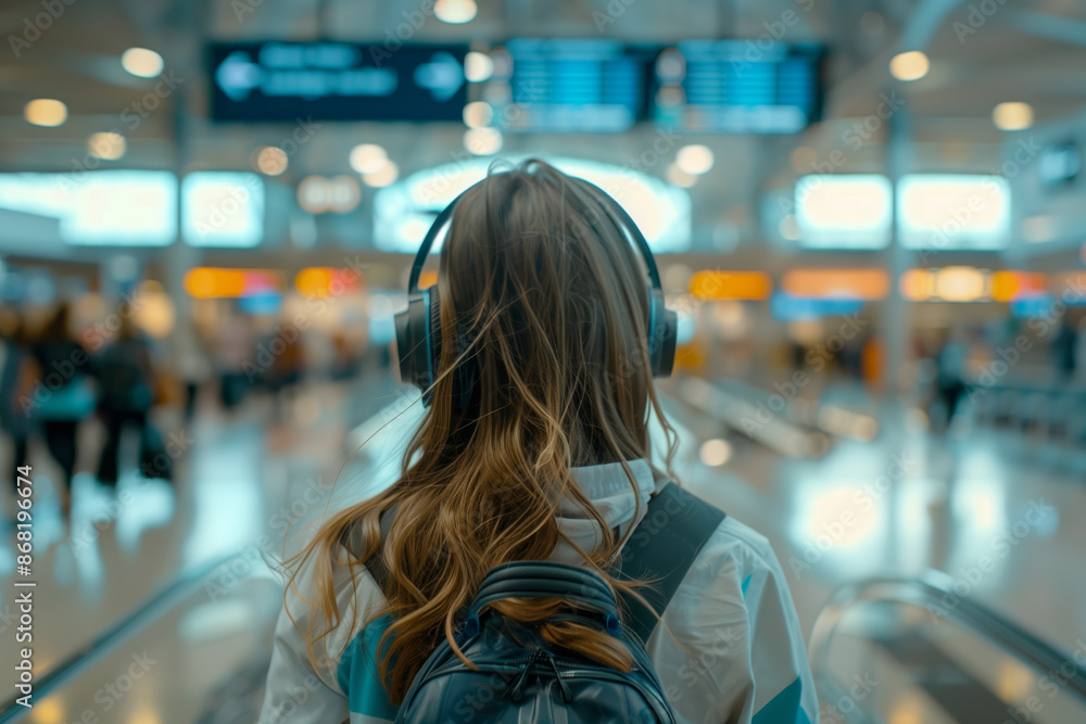 Young woman at the airport with headphones and a backpack traveling. Vacation, travel, adventure Young woman at the airport with headphones and a backpack traveling. Vacation, travel, adventure