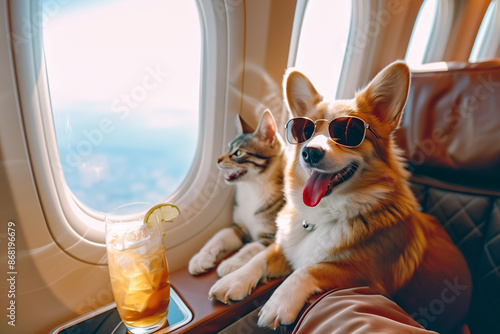 A dog and a cat are flying on a plane on vacation. Summer, sea, rest, vacation