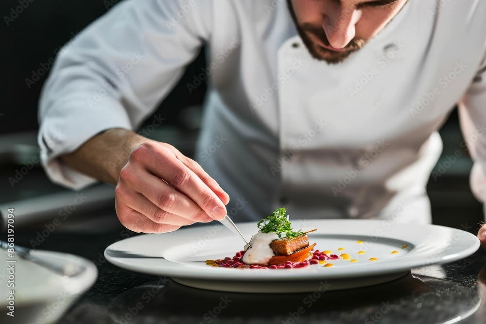 A chef is finishing the preparation of the plate A chef is finishing the preparation of the plate. He's decorating the plate just before the serving. A chef is finishing the preparation of the plate A chef is finishing the preparation of the plate. He's decorating the plate just before the serving.
