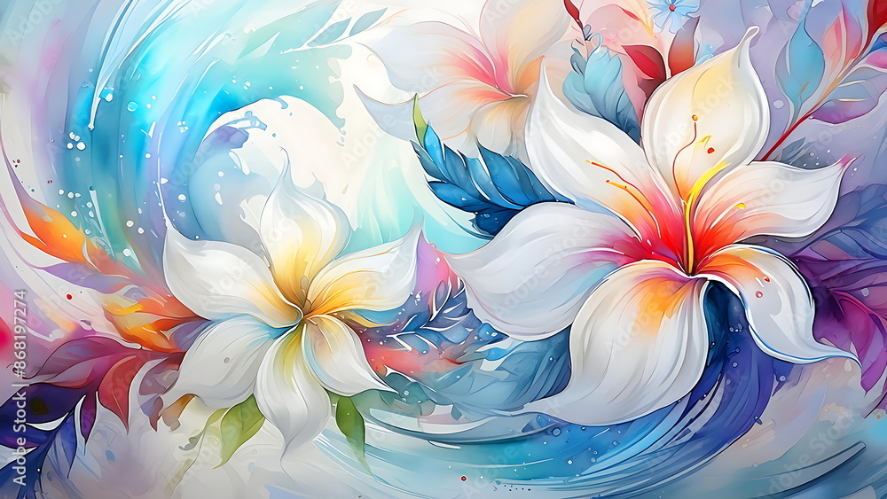 Fototapeta premium Abstract floral painting with colorful watercolor flowers and leaves. White flowers with splashes of color. Concept of nature, beauty, and art.