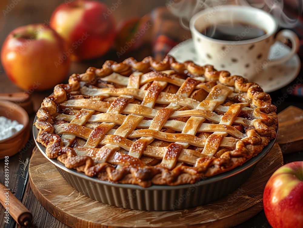 Apple pie with a woven lattice crust, presented in a cozy kitchen setting with a steaming cup of coffee Apple pie with a woven lattice crust, presented in a cozy kitchen setting with a steaming cup of coffee