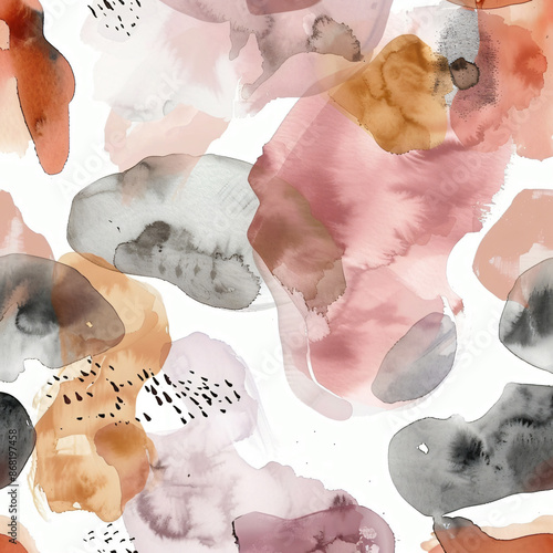 
watercolor abstract shapes and forms in dusty pink, beige, brown, gray pastel colors, seamless pattern on white background photo