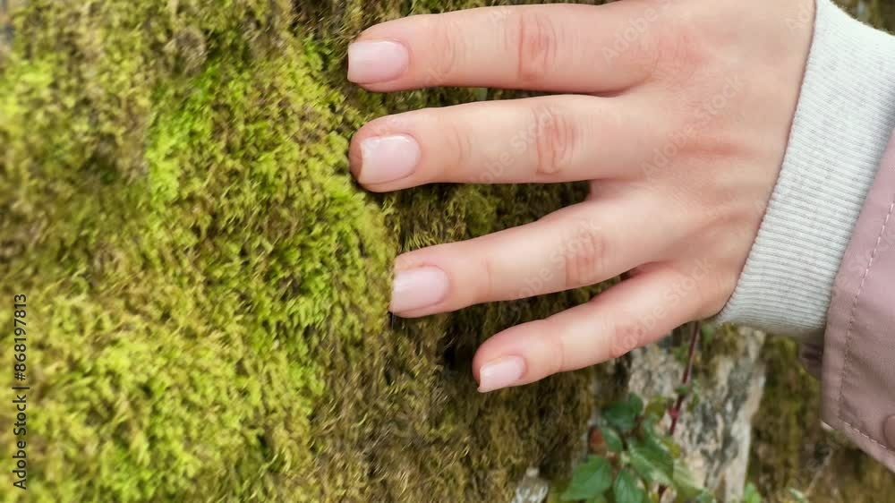 Hand softly touched the moss on the wall in the forest. Hand softly touched the moss on the wall in the forest.