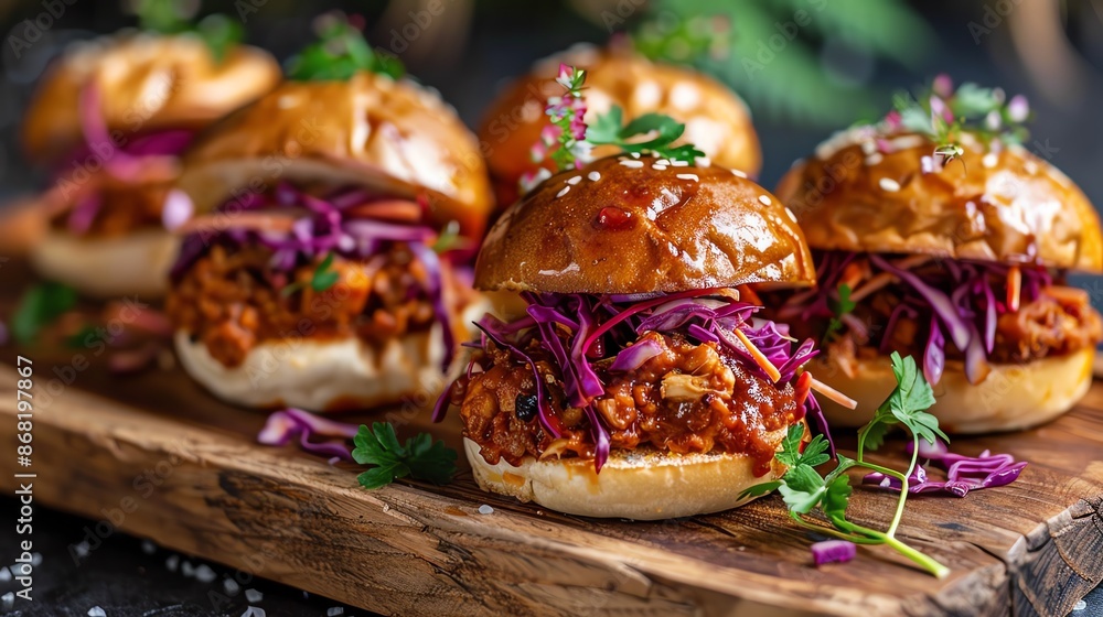 BBQ jackfruit sliders with a tangy slaw, styled on a wooden board with a plant-based theme BBQ jackfruit sliders with a tangy slaw, styled on a wooden board with a plant-based theme