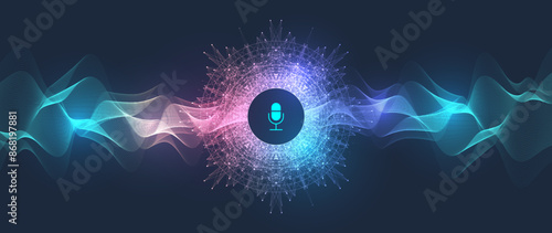 Voice assistant concept. Vector sound wave. Voice and sound recognition equalizer wave flow background. Personal assistant and voice recognition concept gradient vector illustration