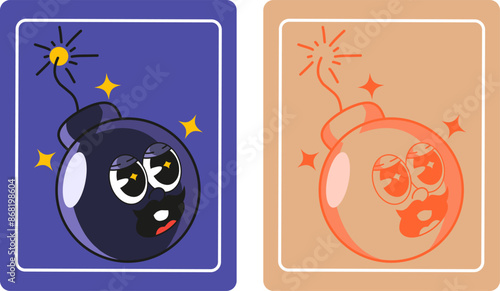 A groovy 60s cartoon illustration of a bomb with a lit fuse, featuring a shocked facial expression in classic psychedelic cartoon style.