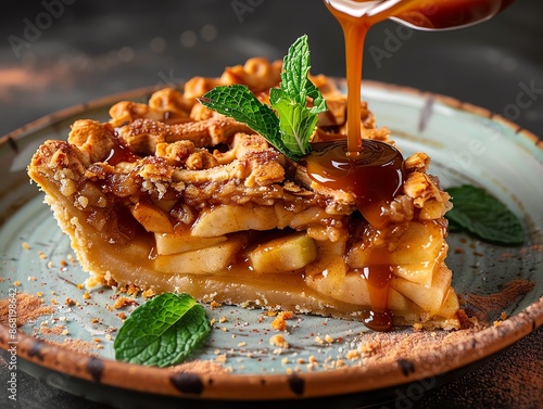 Caramel apple pie with a crumbly streusel topping, drizzled with caramel sauce and garnished with a mint sprig photo