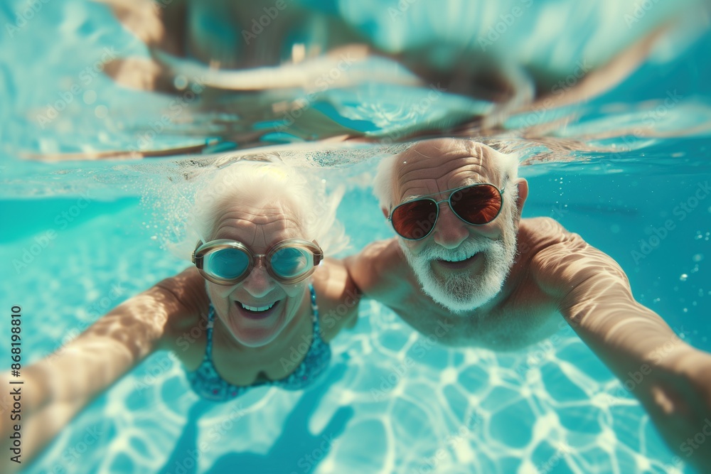 Naklejka premium An elderly couple is having fun in the pool. A cheerful old age.