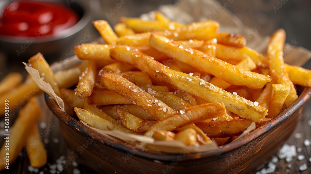 Classic French fries with a sprinkle of sea salt, served in a vintage basket with a side of ketchup Classic French fries with a sprinkle of sea salt, served in a vintage basket with a side of ketchup