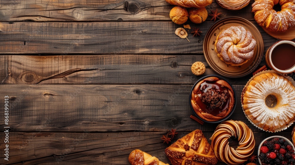 Variety of pastries on wooden table with space for text Overhead view Variety of pastries on wooden table with space for text Overhead view