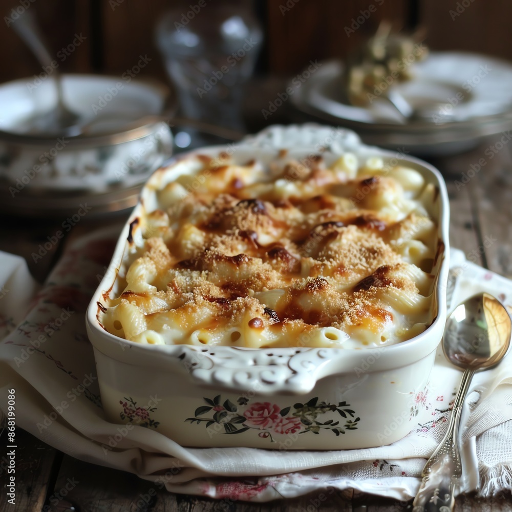 Creamy mac and cheese with a hint of nutmeg, topped with a golden, crispy crust, presented in a vintage baking dish Creamy mac and cheese with a hint of nutmeg, topped with a golden, crispy crust, presented in a vintage baking dish