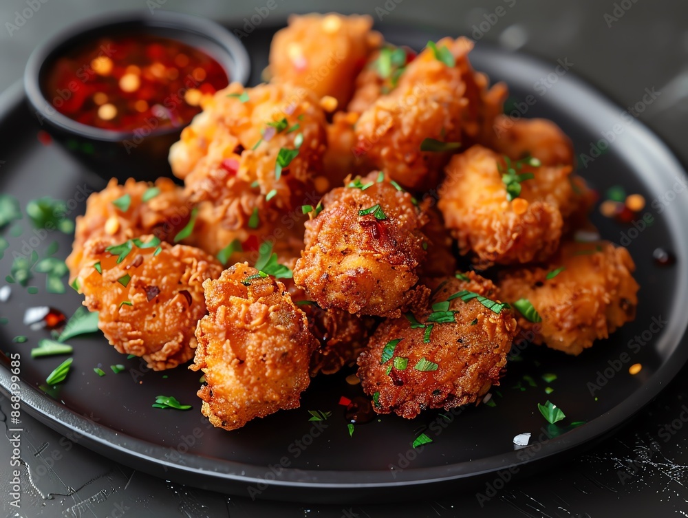 Fried chicken bites with a crispy coating, served with sweet chili dipping sauce on a stylish black plate Fried chicken bites with a crispy coating, served with sweet chili dipping sauce on a stylish black plate