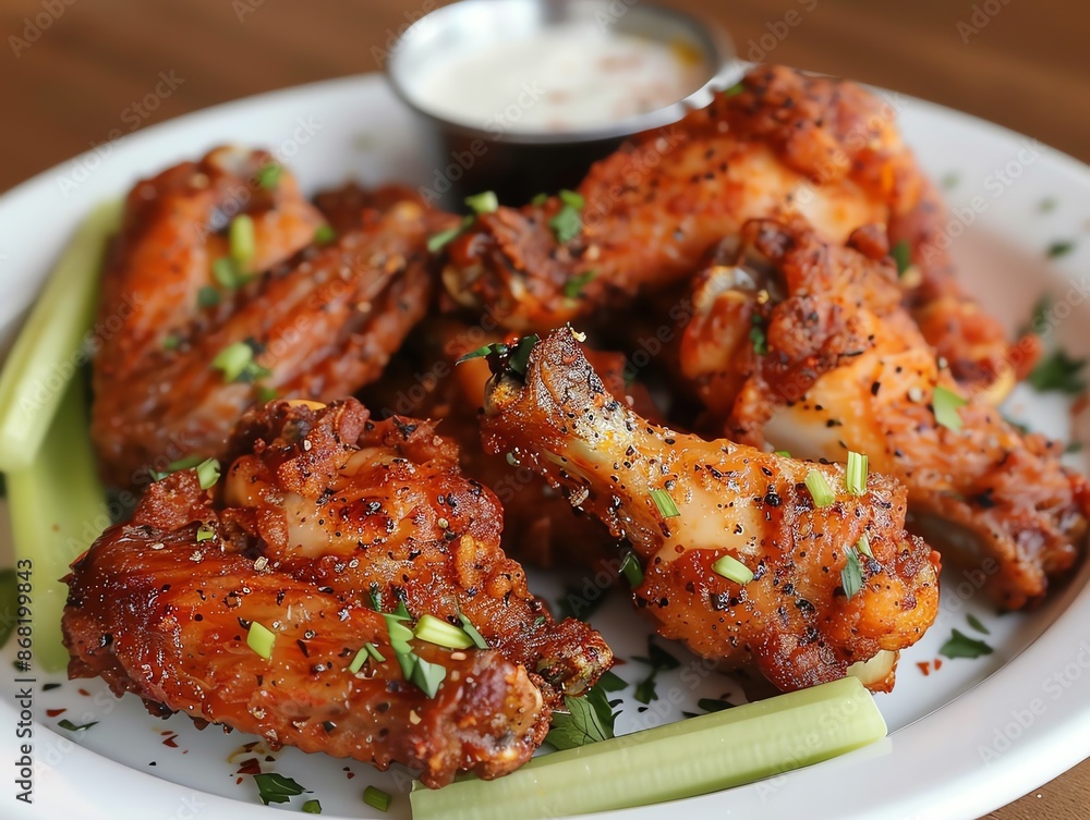 Fried chicken wings with a tangy lemon pepper seasoning, served with celery sticks and blue cheese dipping sauce Fried chicken wings with a tangy lemon pepper seasoning, served with celery sticks and blue cheese dipping sauce