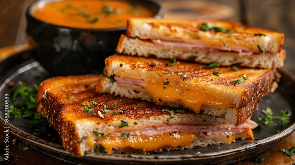 Ham and cheese melt with cheddar and ham, served with tomato soup in a cozy setting Ham and cheese melt with cheddar and ham, served with tomato soup in a cozy setting
