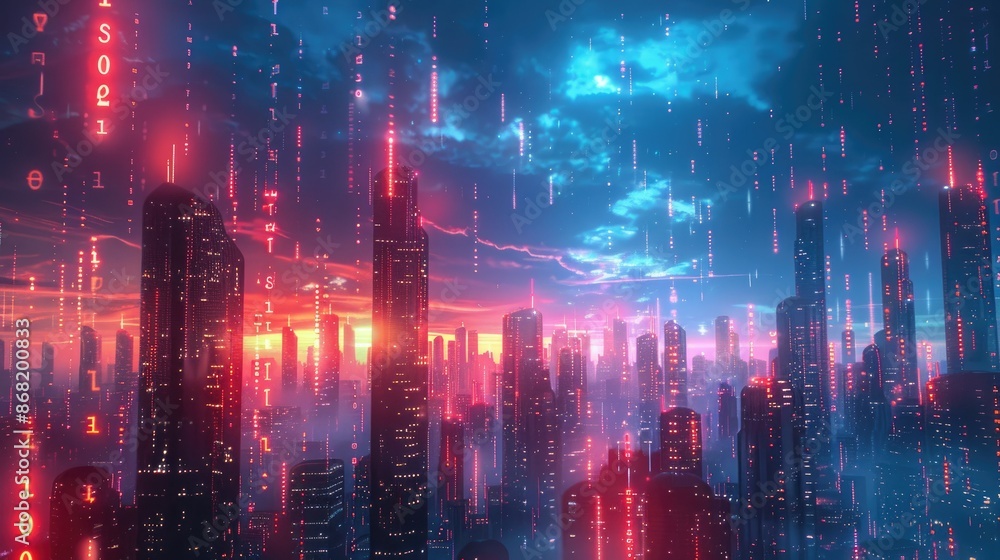 Futuristic Cyberpunk Cityscape with Neon Lights and Digital Rain Under a Cloudy Sky at Sunset Futuristic Cyberpunk Cityscape with Neon Lights and Digital Rain Under a Cloudy Sky at Sunset