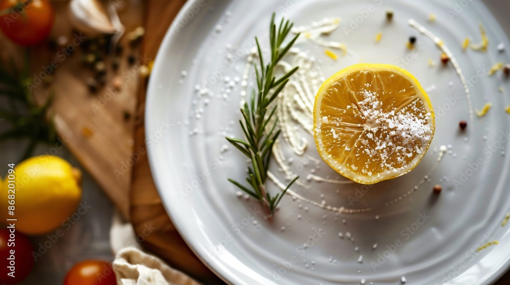 A single slice of lemon on a smooth white plate, with the vibrant yellow of the lemon and the detailed texture of the pulp and rind A single slice of lemon on a smooth white plate, with the vibrant yellow of the lemon and the detailed texture of the pulp and rind