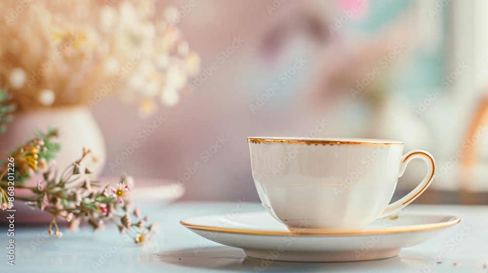 A single white teacup with a gold rim, placed on a saucer, with a delicate floral pattern visible, set against a soft pastel background A single white teacup with a gold rim, placed on a saucer, with a delicate floral pattern visible, set against a soft pastel background