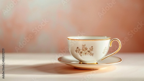 A single white teacup with a gold rim, placed on a saucer, with a delicate floral pattern visible, set against a soft pastel background