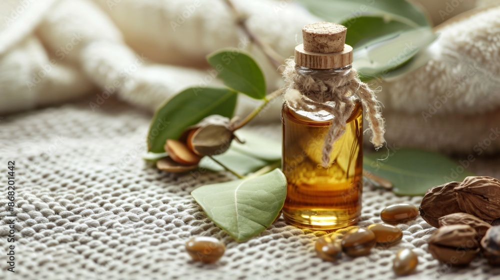 A small bottle of jojoba oil with jojoba seeds and a soft cloth, set in a natural, organic skincare setting A small bottle of jojoba oil with jojoba seeds and a soft cloth, set in a natural, organic skincare setting