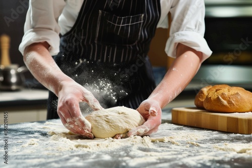 Cooking fresh bread Young apprentice of baker kneading dough for bread