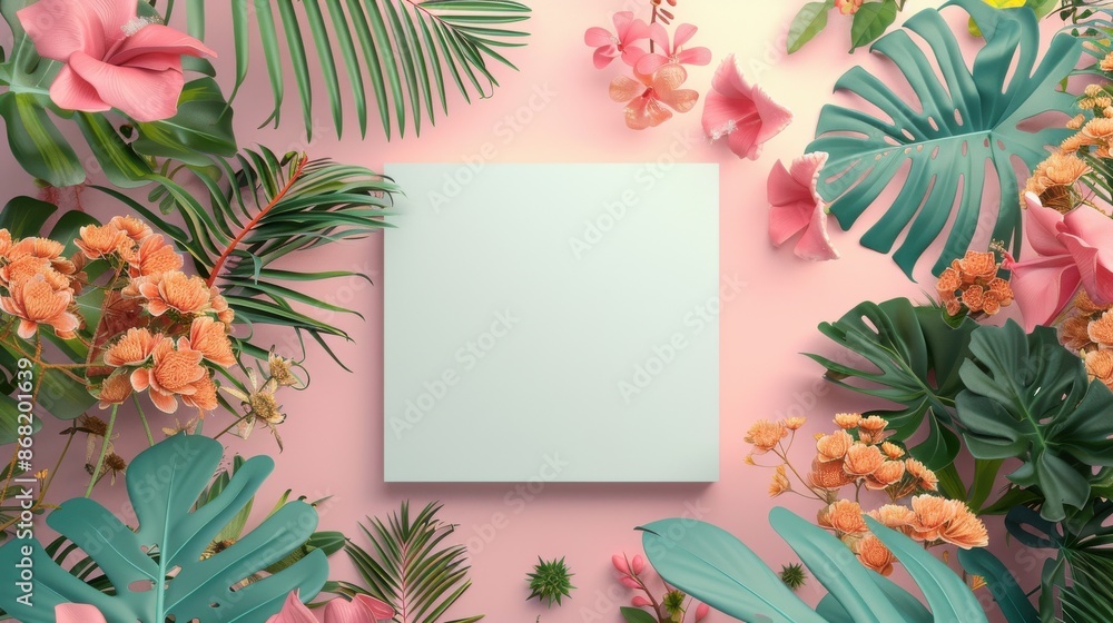 Square Frame Surrounded by Tropical Flowers and Palm Leaves on Pink Background, Summer and Floral Concept Square Frame Surrounded by Tropical Flowers and Palm Leaves on Pink Background, Summer and Floral Concept