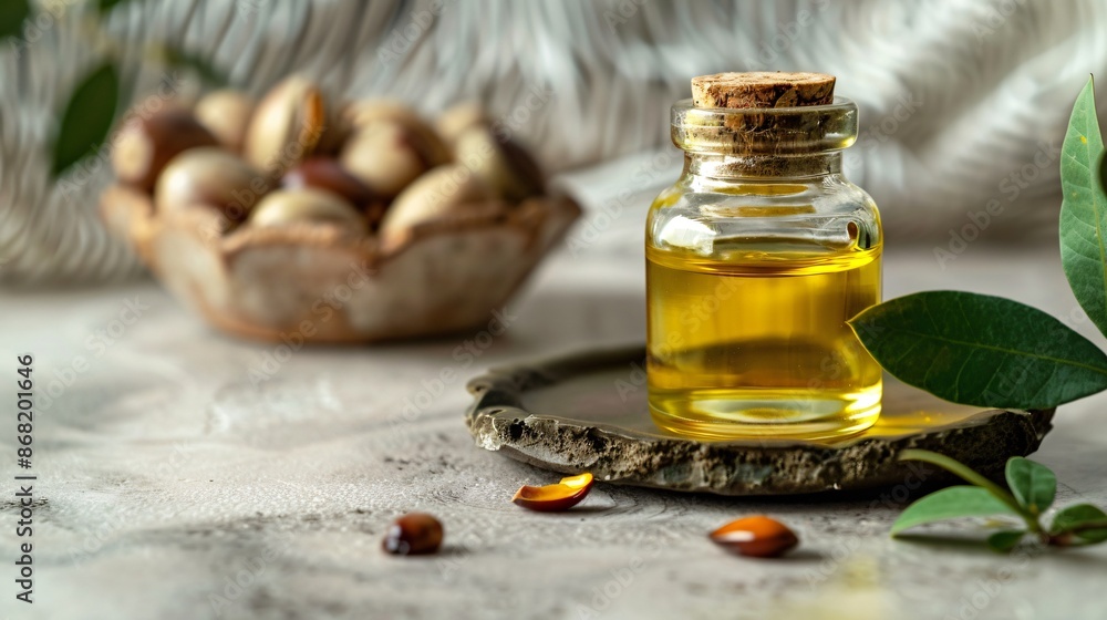 A small container of argan oil with a few argan nuts and leaves, highlighting its use in beauty and hair care, with a soft, elegant background A small container of argan oil with a few argan nuts and leaves, highlighting its use in beauty and hair care, with a soft, elegant background
