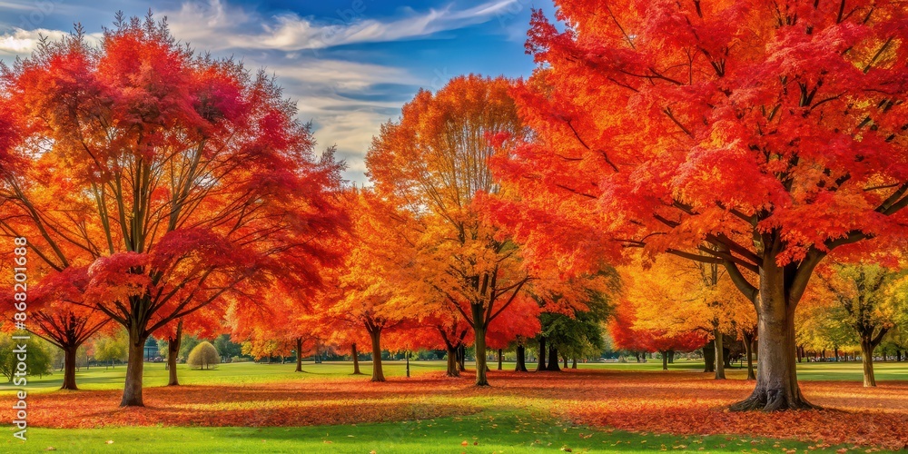 Naklejka premium Vibrant orange and red autumn trees in a peaceful park setting, autumn, trees, park, vibrant, orange, red, foliage, nature