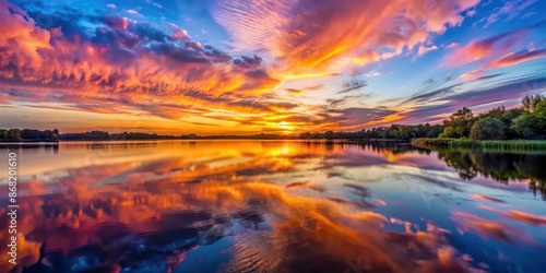 A beautiful sunset over a calm lake reflecting colorful clouds in the sky, sunset, lake, reflection, calm, tranquil, nature
