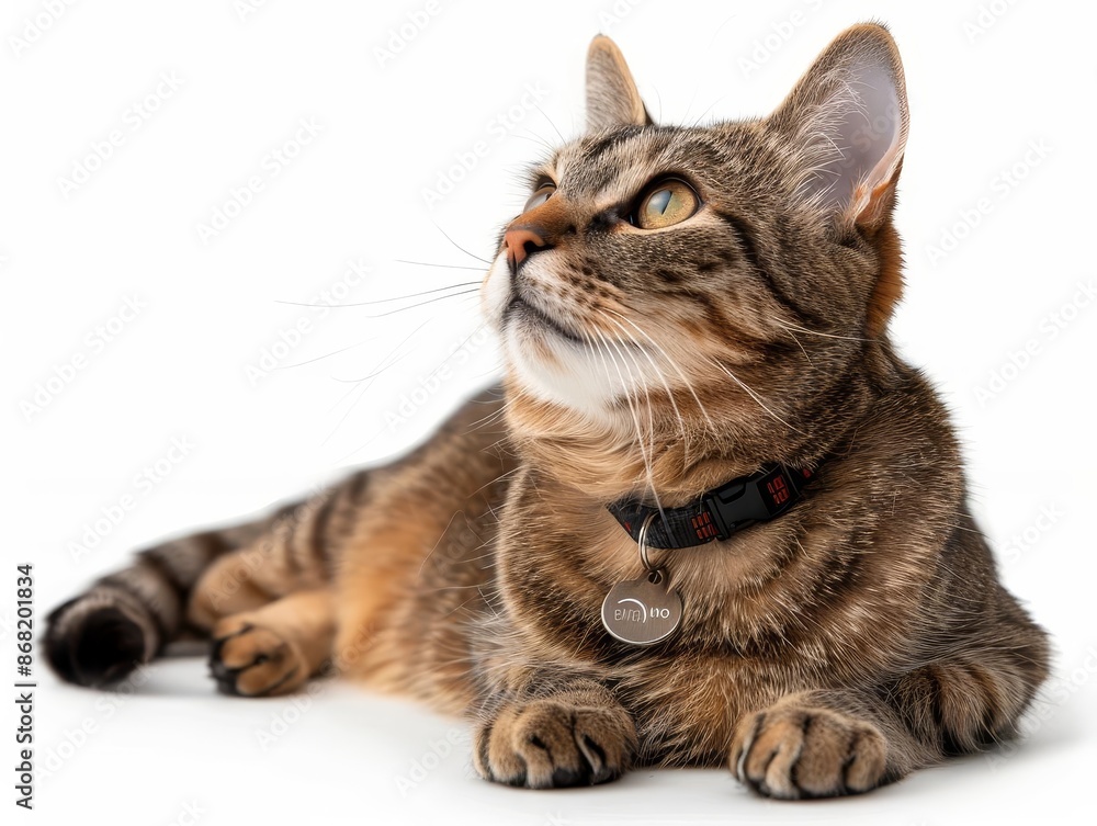 Obraz premium A cute tabby cat with wide open eyes and a collar with tag is lying on its side, looking up at something, white background