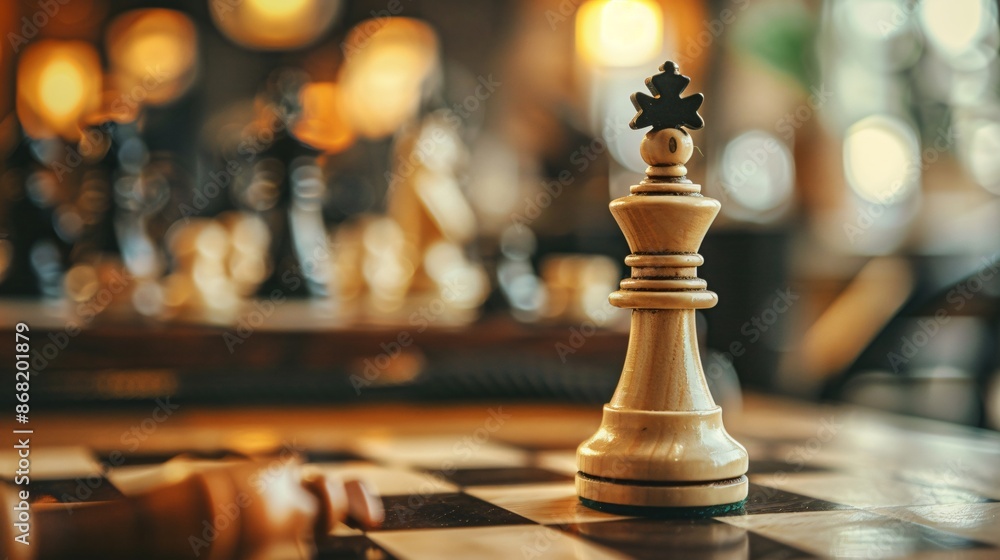 A solitary black and white chess piece, a knight, standing on a wooden chessboard with blurred chess pieces in the background, focusing on the knight's detailed design A solitary black and white chess piece, a knight, standing on a wooden chessboard with blurred chess pieces in the background, focusing on the knight's detailed design