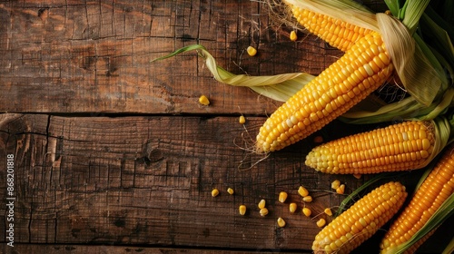 Close up of golden ripe corn on old wooden table photo