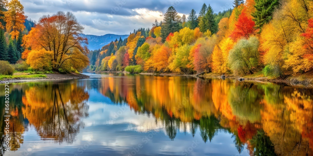 Fototapeta premium Autumn trees with vibrant fall foliage reflected in the tranquil waters of Stillaguamish River in Washington , autumn, fall