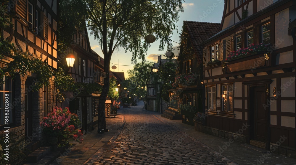 Fototapeta premium A twilight scene in a quaint village, with cobblestone streets, charming houses, and street lamps casting a warm glow as the last light of day fades away