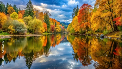 Vibrant fall foliage reflected in serene Stillaguamish River in Washington State, fall, foliage, autumn, colorful, reflection
