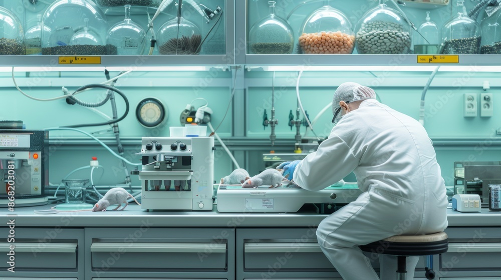 © HadK - Contrasting Environments in Omega-3 Study: Researcher Observing Mice in Stressful and Calm Conditions