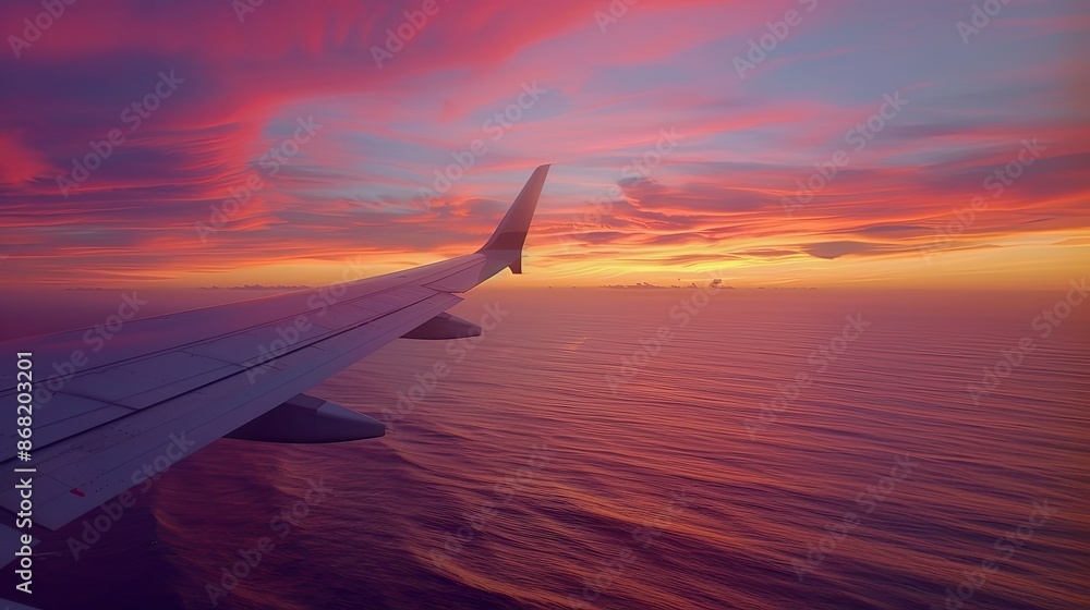 Obraz premium Tranquil ocean under a colorful sunset sky, airplane wing extending into the horizon