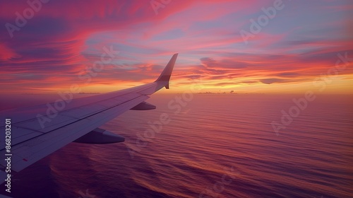 Tranquil ocean under a colorful sunset sky, airplane wing extending into the horizon