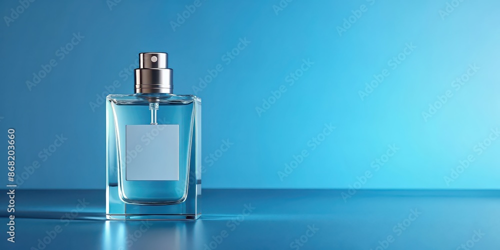 Glass perfume bottle mockup with blank label against blue background, perfume, bottle, mockup, blank, label, blue Glass perfume bottle mockup with blank label against blue background, perfume, bottle, mockup, blank, label, blue
