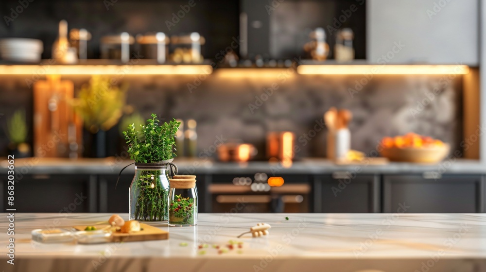 An open-concept kitchen with minimalist dark cabinets, a smooth marble island, and a few carefully arranged green herbs in glass jars An open-concept kitchen with minimalist dark cabinets, a smooth marble island, and a few carefully arranged green herbs in glass jars