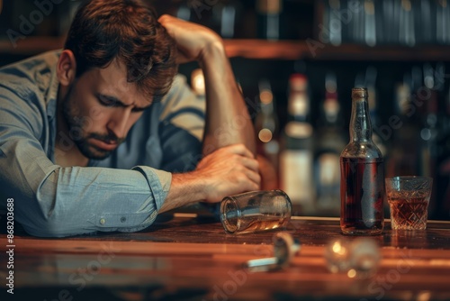 He is drunk of alcohol One man, sitting at the bar counter alone, he has drinking problems