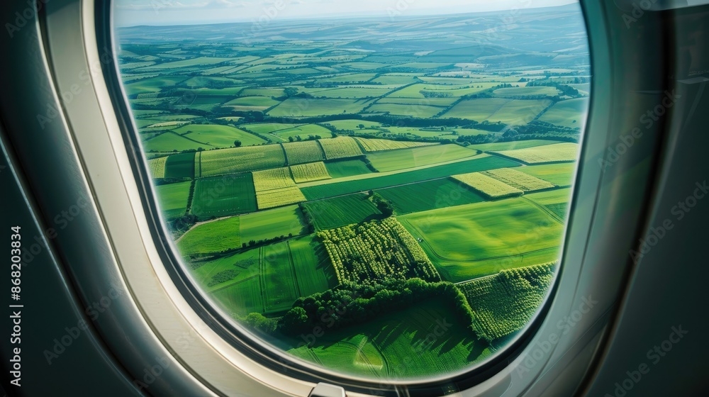 Naklejka premium Aerial perspective from airplane window of green fields stretching to the horizon