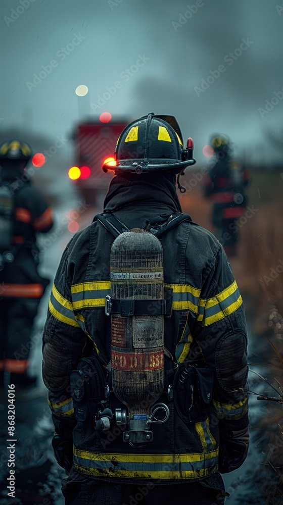 A group of professionals, including a scientist, a manager, and a firefighter, standing with their backs to the picture, gazing outside. A group of professionals, including a scientist, a manager, and a firefighter, standing with their backs to the picture, gazing outside.