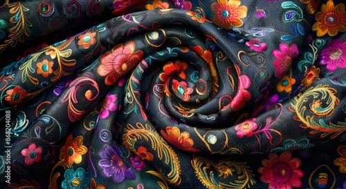 Colorful Fabric With Golden Embroidered Floral Patterns